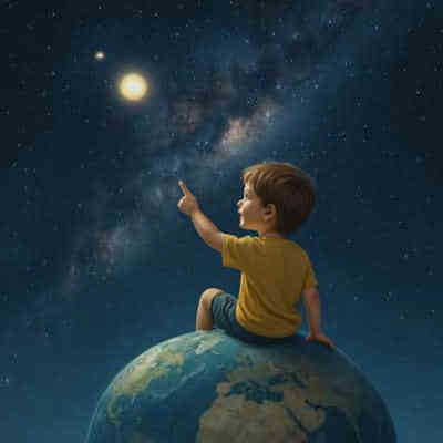 nombre cósmico, nombres revelados, niño en un planeta señalando una estrella