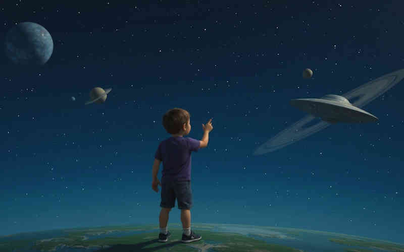 nombre cósmico, nombres revelados, niño de pie en un planeta señalando una nave espacial