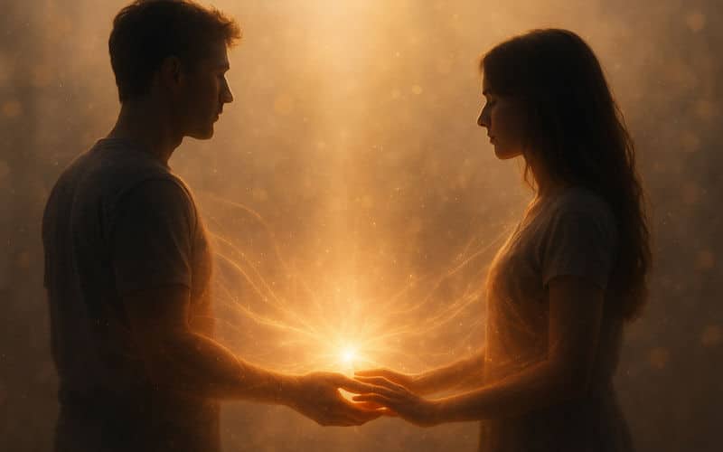 energía del amor, amor verdadero, una pareja al atardecer, uniendo sus manos con la energía del amor rodeándolos