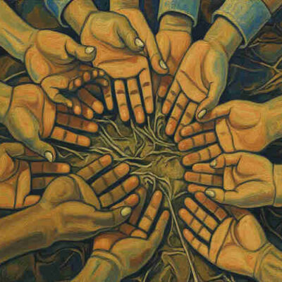 virtud de caridad, consciencia crística, pintura moderna que representa a la caridad, mostrando manos con las palmas hacia arriba en virtud de pedir.