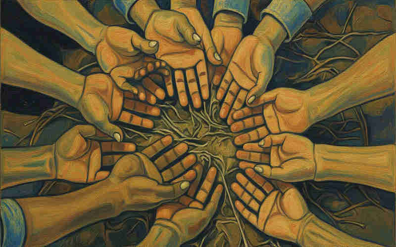 virtud de caridad, consciencia crística, pintura moderna que representa a la caridad, mostrando manos con las palmas hacia arriba en virtud de pedir.